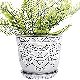 VanEnjoy 5.9 inch Round Bohemian Style Ceramic Planter, Geometry Engrave Off White Brown Succulent Planter Flower Pot, Indoor Outdoor Decorative Planter