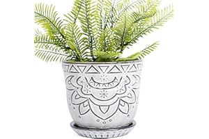 VanEnjoy 5.9 inch Round Bohemian Style Ceramic Planter, Geometry Engrave Off White Brown Succulent Planter Flower Pot, Indoor Outdoor Decorative Planter