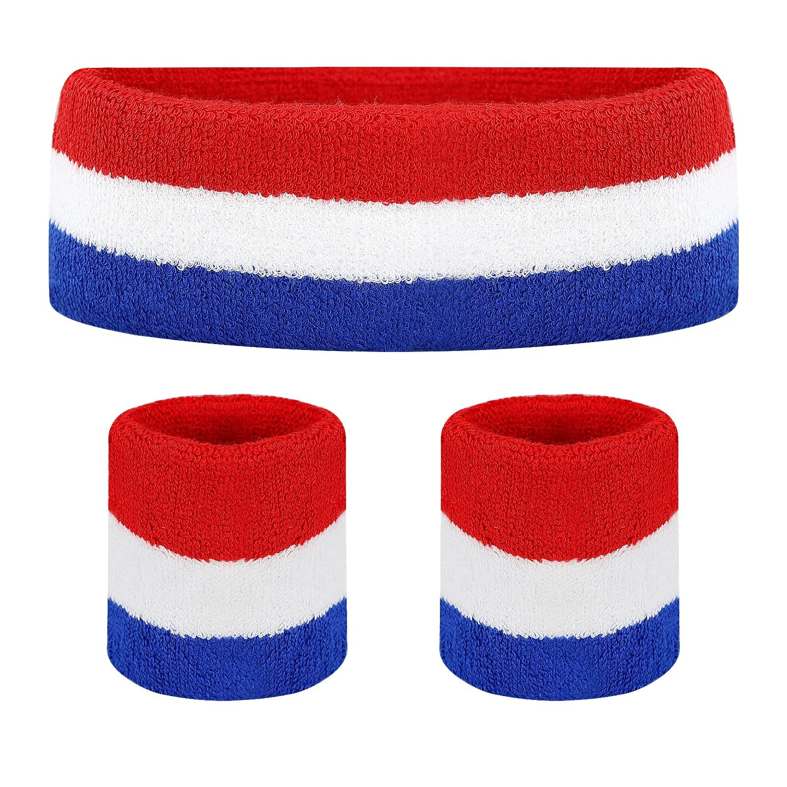 Sweatbands Headband Wristband Set,Sports Athletic Cotton Sweat Band for Sports for Tennis Working Out Boxing Gym Exercise for Athletic Men and Women (Red, White, Blue)