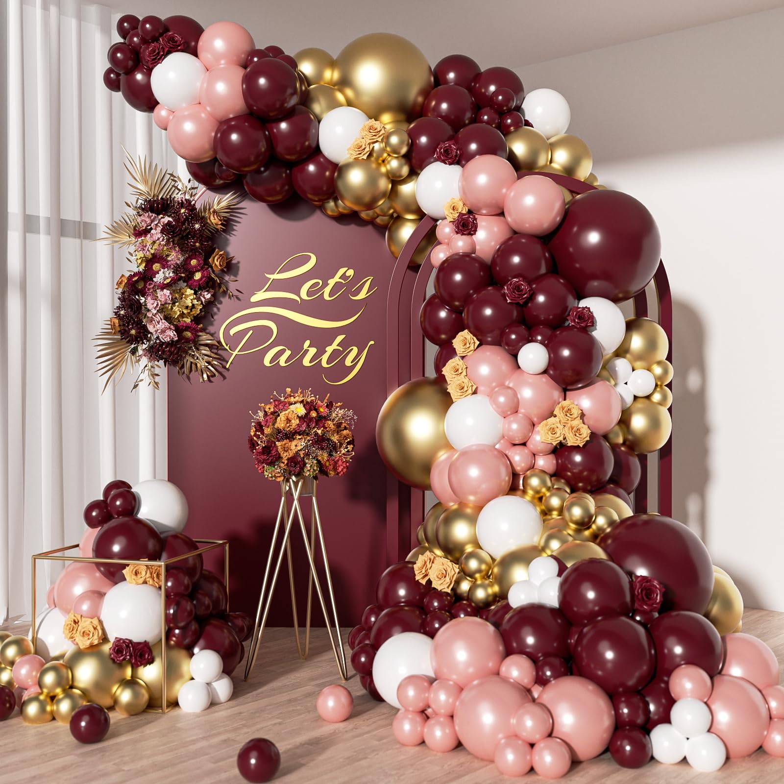 Photo 1 of 142pcs Burgundy Balloon Arch Garland Kit with Metallic Rose Gold Maroon Gold Balloons for Birthday Baby Shower Valentines Day Bridal Shower Wedding Engagement Bachelorette Party Decorations