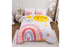 Btargot 5 Piece Pink Rainbow Comforter Set for Girls Boys Kids, Queen Size Cartoon Love Hearts Flowers and Sun Star Bedding Set, Bed in a Bag with Comforter, Sheets and Pillowcases