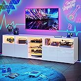 Hlivelood LED TV Stand for 85 Inch TV, Modern TV Stand with Power Outlet, High Glossy Modern TV Console Entertainment Center with Storage and LED Lights for Living Room, Bedroom, White