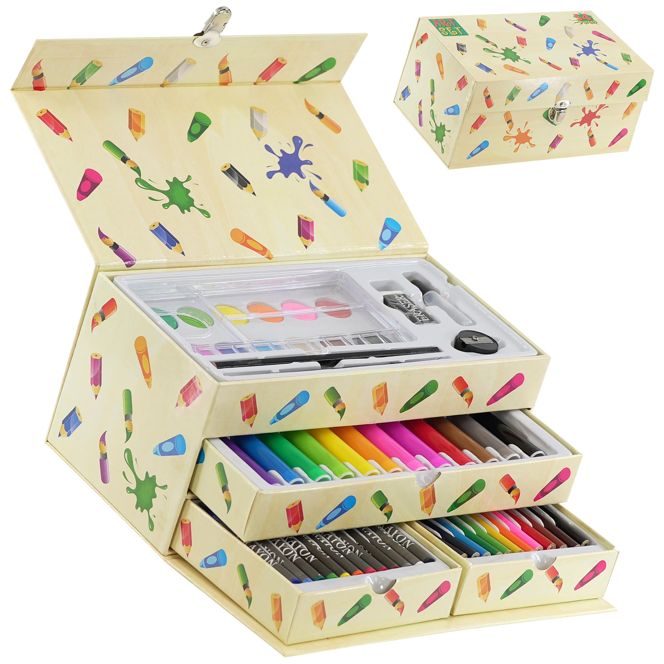 The Magic Toy Shop 54 Pieces Kids Art Artist Set in a Box with Drawers Pens Pencils Crayons Paints