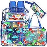 Kolewo4ever 3 Pieces Clear School Backpack Set Back to School Gift Blue Dinosaur Transparent Backpack with Lunch Bag and Pencil Pouch for Girl Boy Kid Heavy Duty Bookbags Middle School Travel Pack