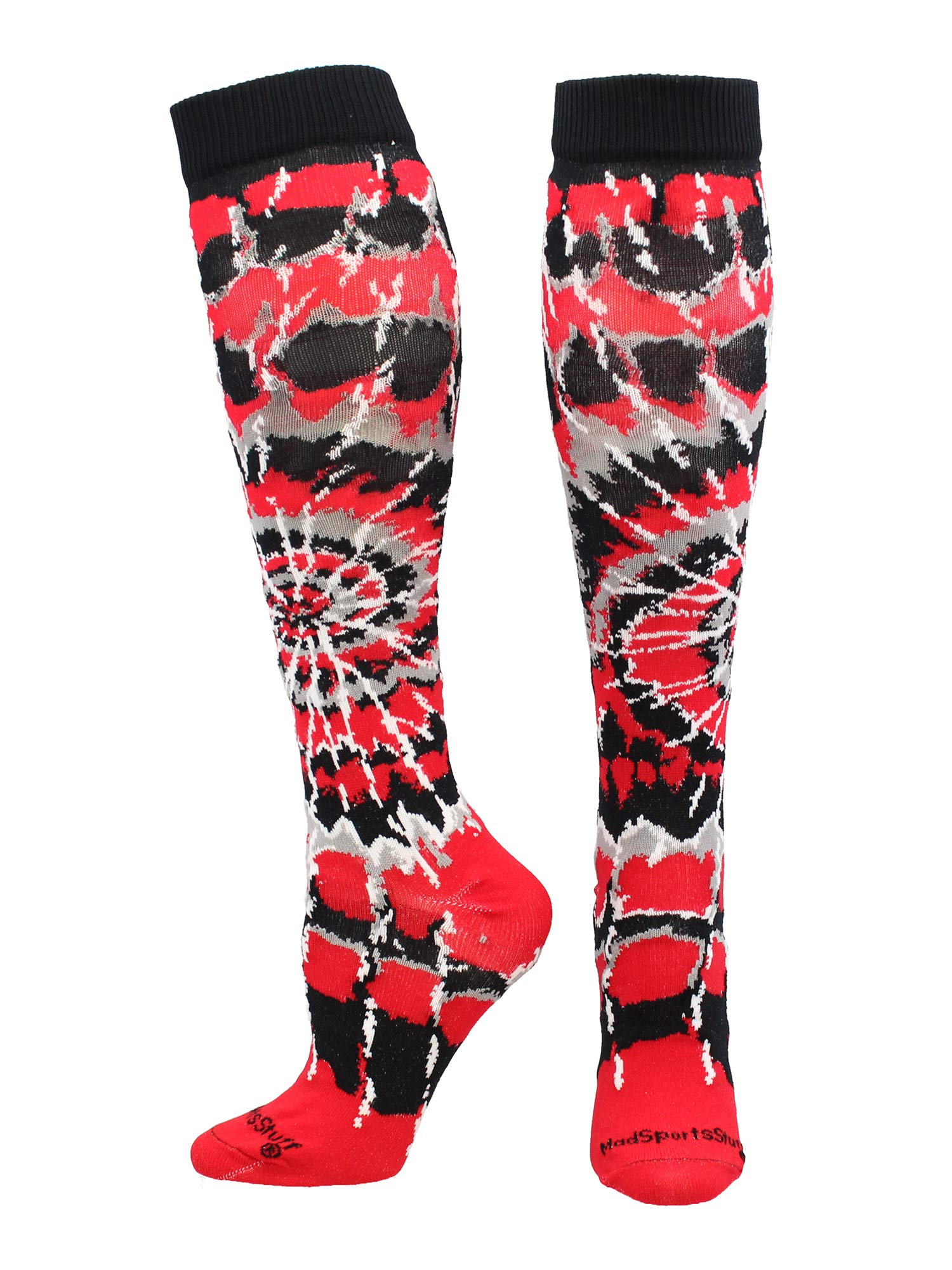 MadSportsStuff Crazy Tie Dye Calcetines sobre la pantorrilla (rojo/negro/blanco, pequeño)