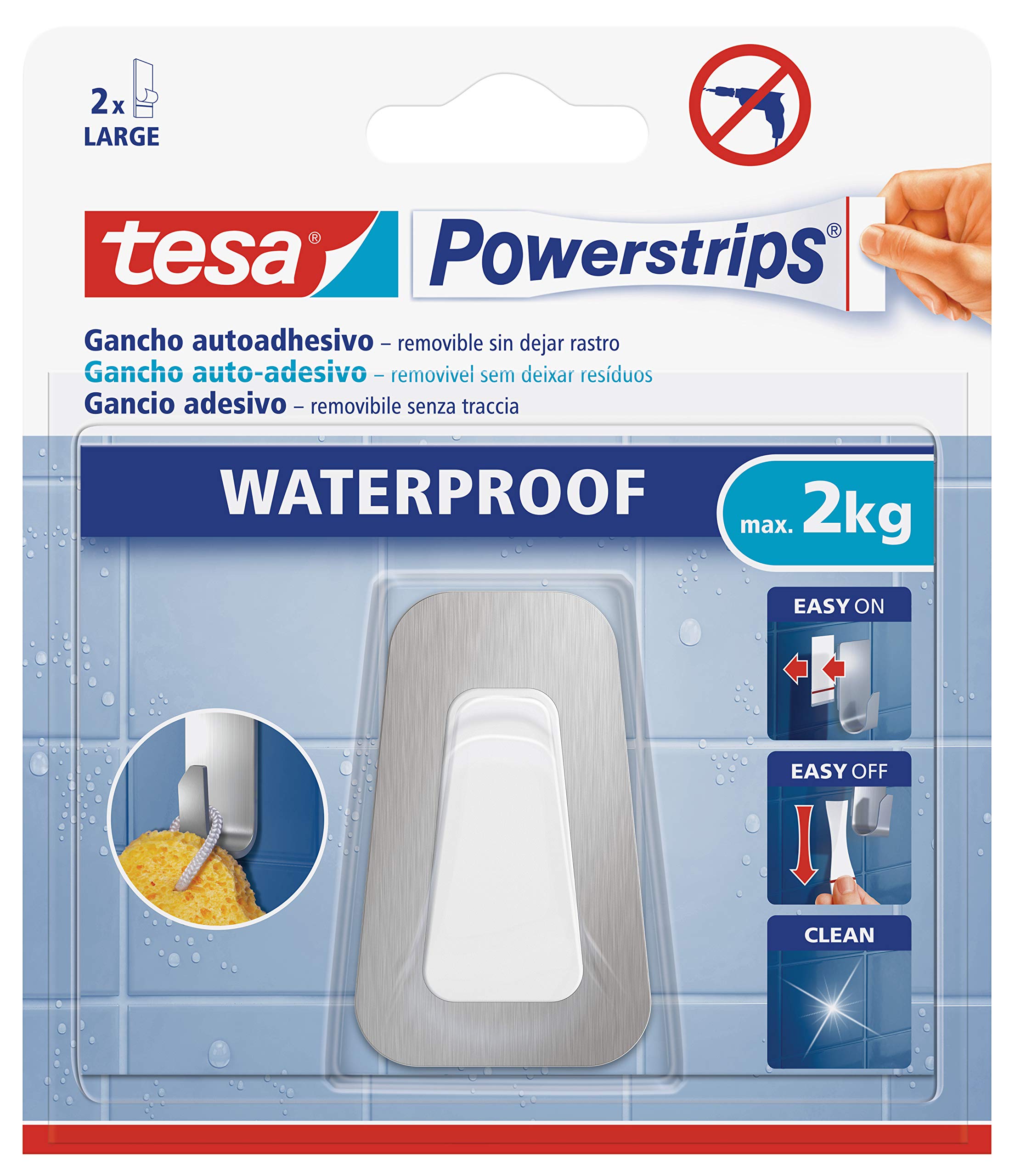 tesa 59784-00001-00 Powerstrips Waterproof Gancho Acero y Blanco, Grande 59784-00001-00-Steel and White Large Hook 2 kg, Gray