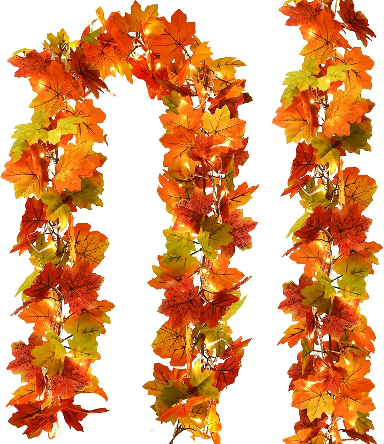 Wreaths, Garlands & Swags - DearHouse 2 Pack Artificial Fall Maple Garland, 5.9Ft/Piece Hanging Vine Garland with 2Pcs 7.5 ft 20 Led String Light, Fake Autumn Maple Leaf Garland Thanksgiving Decor for Home Fireplace Party