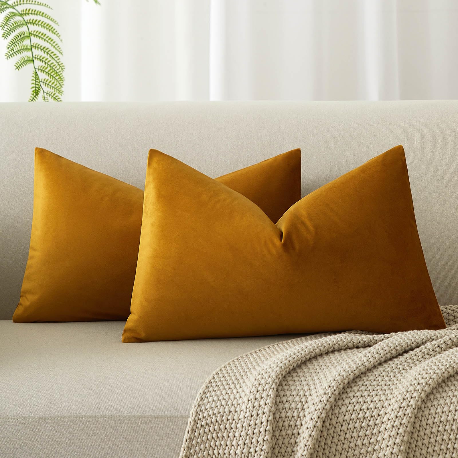 JUSPURBET Mustard Yellow Decorative Lumbar Velvet Throw Pillow Covers 12x20,Pack of 2 Luxury Soft Solid Cushion Cases for Sofa Couch Bed