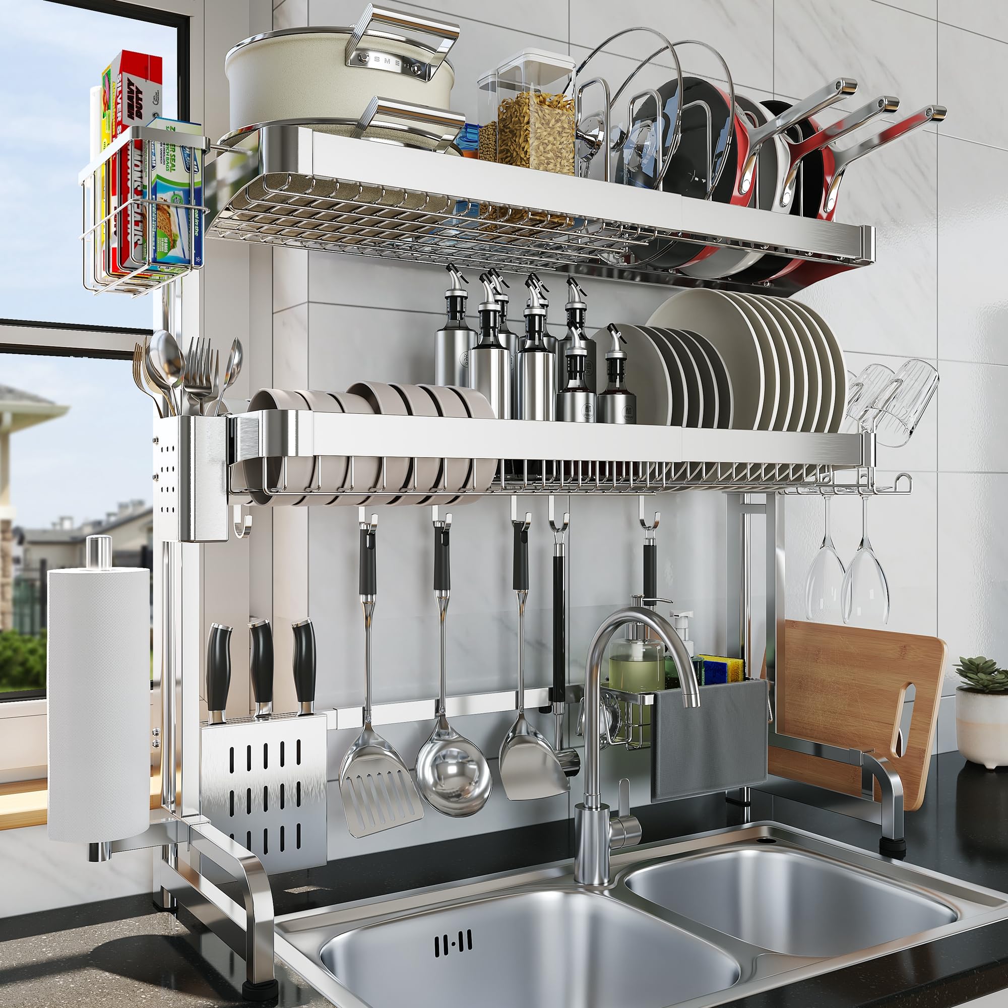 Photo 1 of LIVOD Over The Sink Dish Drying Rack, 3-Tier Drying Drainer Rack Over Sink Stainless Steel Adjustable (29.1''~37.4''), Sink Drying Rack with Pots and Pans Rack (Silver)