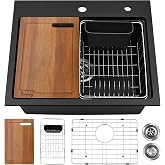 Davivy 22 Inch Granite Kitchen Sink Workstation, 22 x 19 Black Drop In/Undermount Kitchen Sink, Deep Quartz Composite Single Bowl Basin with Accessories