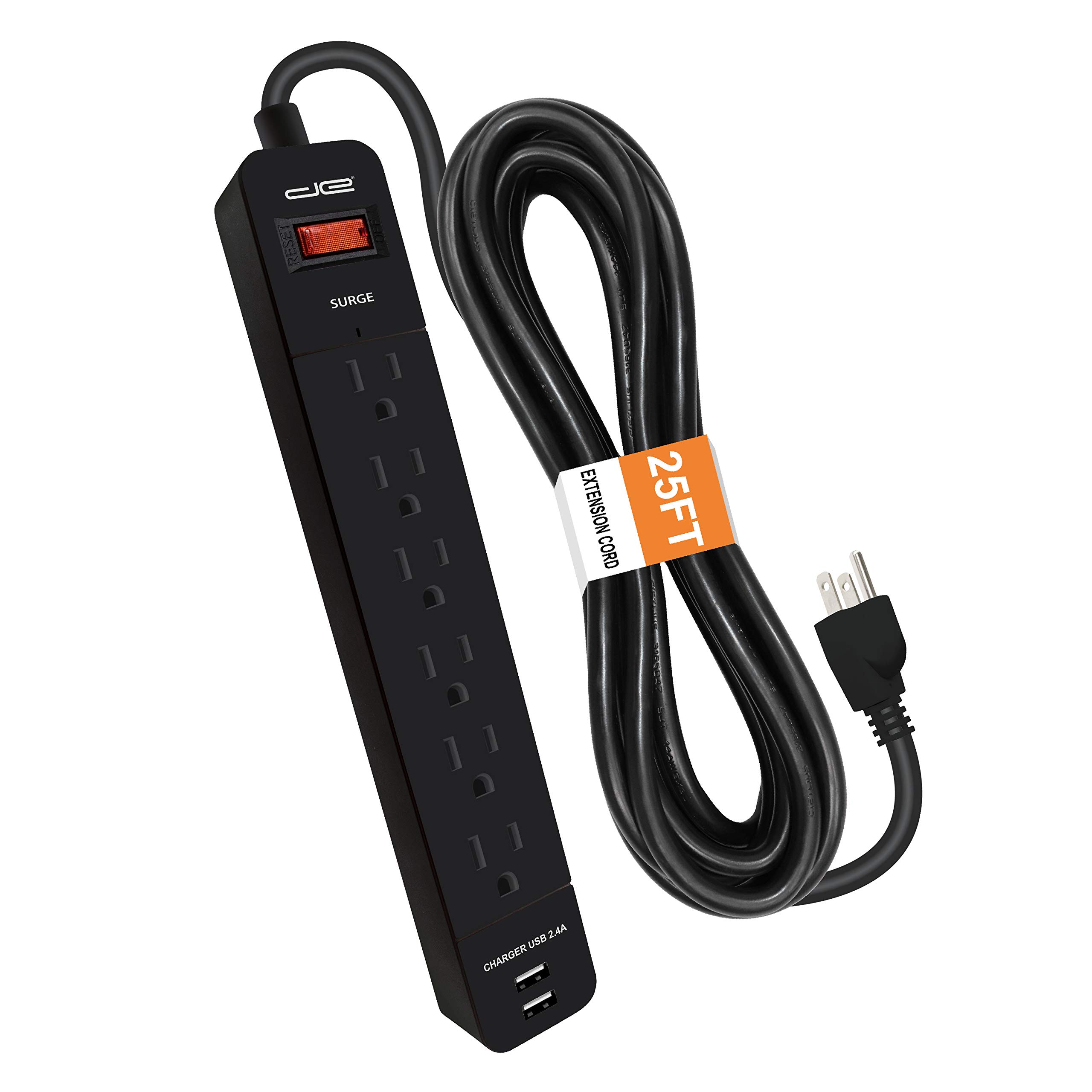 Photo 1 of Digital Energy 6-Outlet + 2 USB 1050 Joule Surge Protector Power Strip with 25-Ft Long Extension Cord, Black, UL Listed