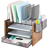 OPNICE Desk Organizer, 4-Tier Desktop File Organizer with Drawer and Pen Holders, Office Desk Accessories, File Sorters, Workspace Organizers for Office Supplies(Brown)