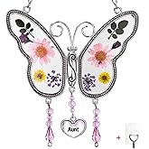 BOGDAN Butterfly Suncatcher with Pressed Flower Wings Mother's Day Butterfly Glass Wind Chime Ornament Charm with Metal Heart Happy Birthday Gifts for Aunt with Free Hook (Aunt)