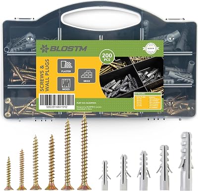 BLOSTM Screws and Wall Plugs Set 200 PCS Heavy Duty DIY Assortment