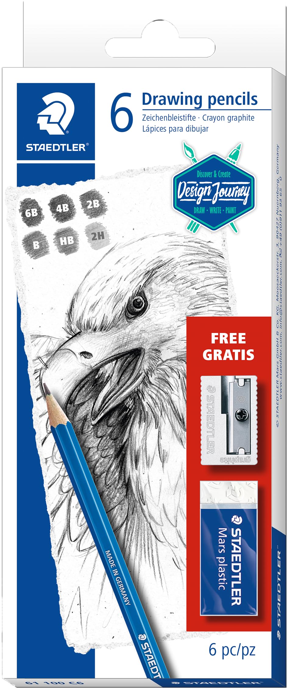 STAEDTLER Mars Lumograph Pencils in 2H, HB, B, 2B, 4B, 6B + Free Mars Plastic Eraser and Sharpener — image 1
