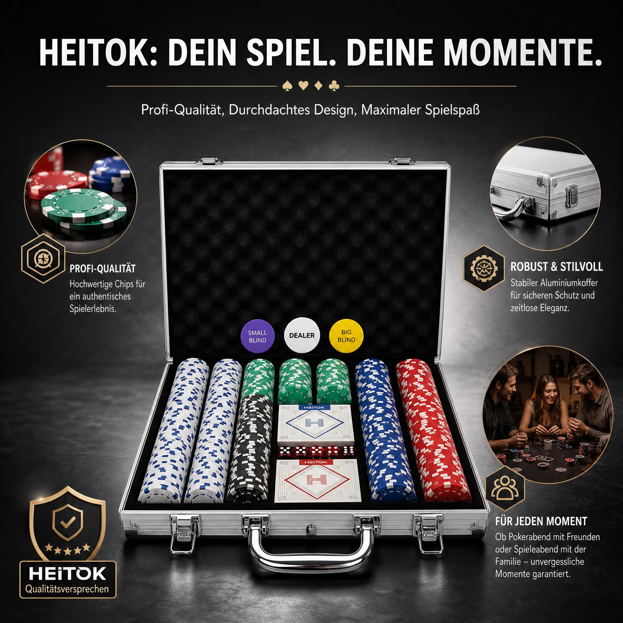 HEITOK Profi Pokerkoffer mit Nummern, 11,5g Composite Resin Pokerchips Set mit Eisenkern, Verstärkter Aluminium Koffer für Texas Hold'em & Blackjack, Premium Set mit Pokerkarten, Dealer, Blind Button 6