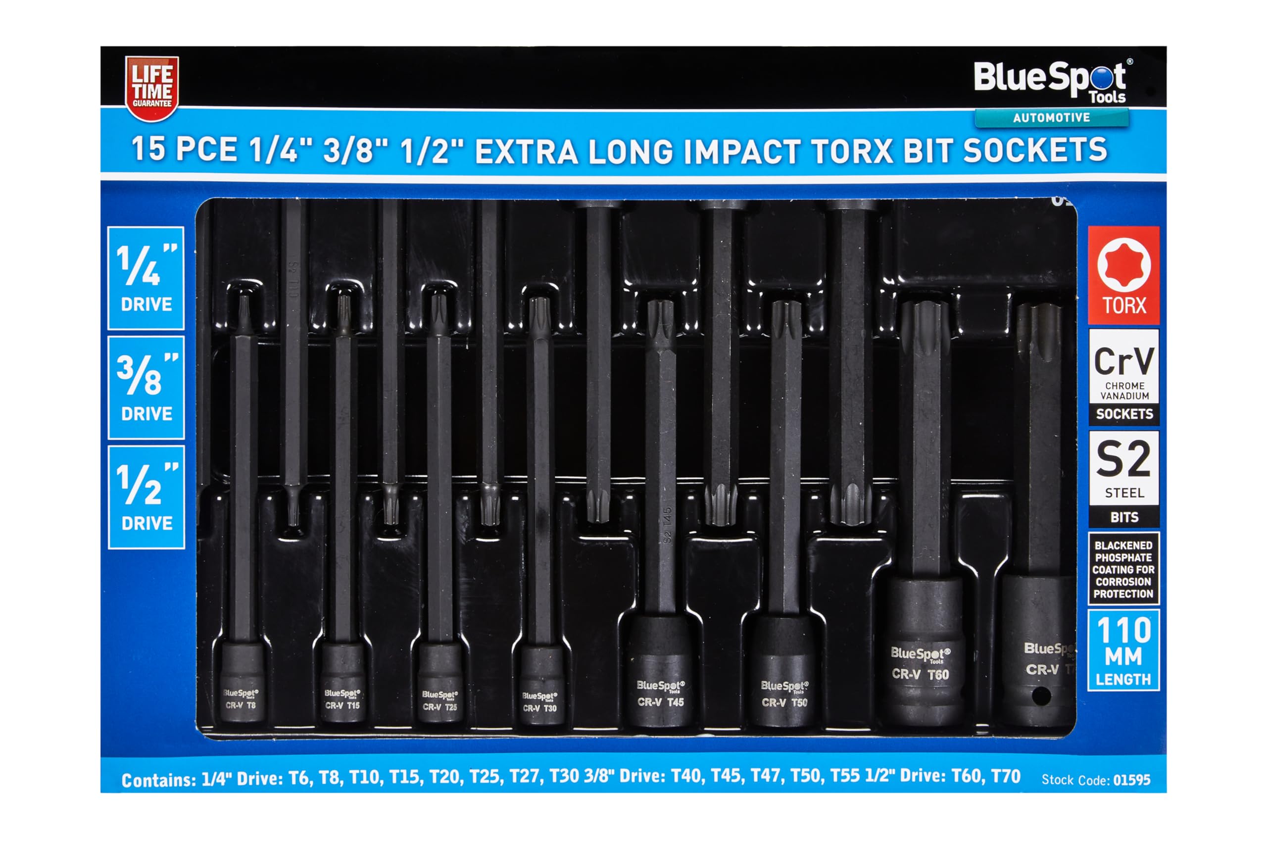 Blue Spot Tools 15 PCE 1/4", 3/8" & 1/2" Extra Long Impact Torx Bits Sockets (T6-T70)