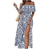 MakeMeChic Women's Floral Print Boho Summer Dress Off Shoulder Shirred Split Thigh Midi Long Dresses