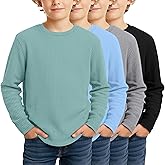 LessonZoo 4 Pack Boys Long Sleeve Shirts Crewneck Kids Waffle Knit T Shirts Toddler Boy Thermal Casual Tops Tees 5-14 Years