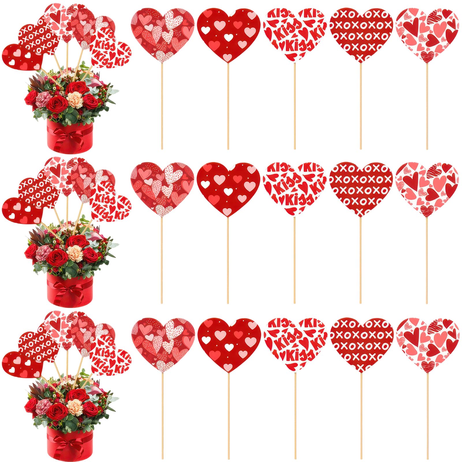 Photo 1 of 15 Pcs Valentine's Day Heart Floral Picks Valentines Paper Heart on Sticks Bouquet Decorative for Table Centerpiece Decoration Vase Wedding Crafts Stems Arrangement DIY Photo Prop Party Supplies