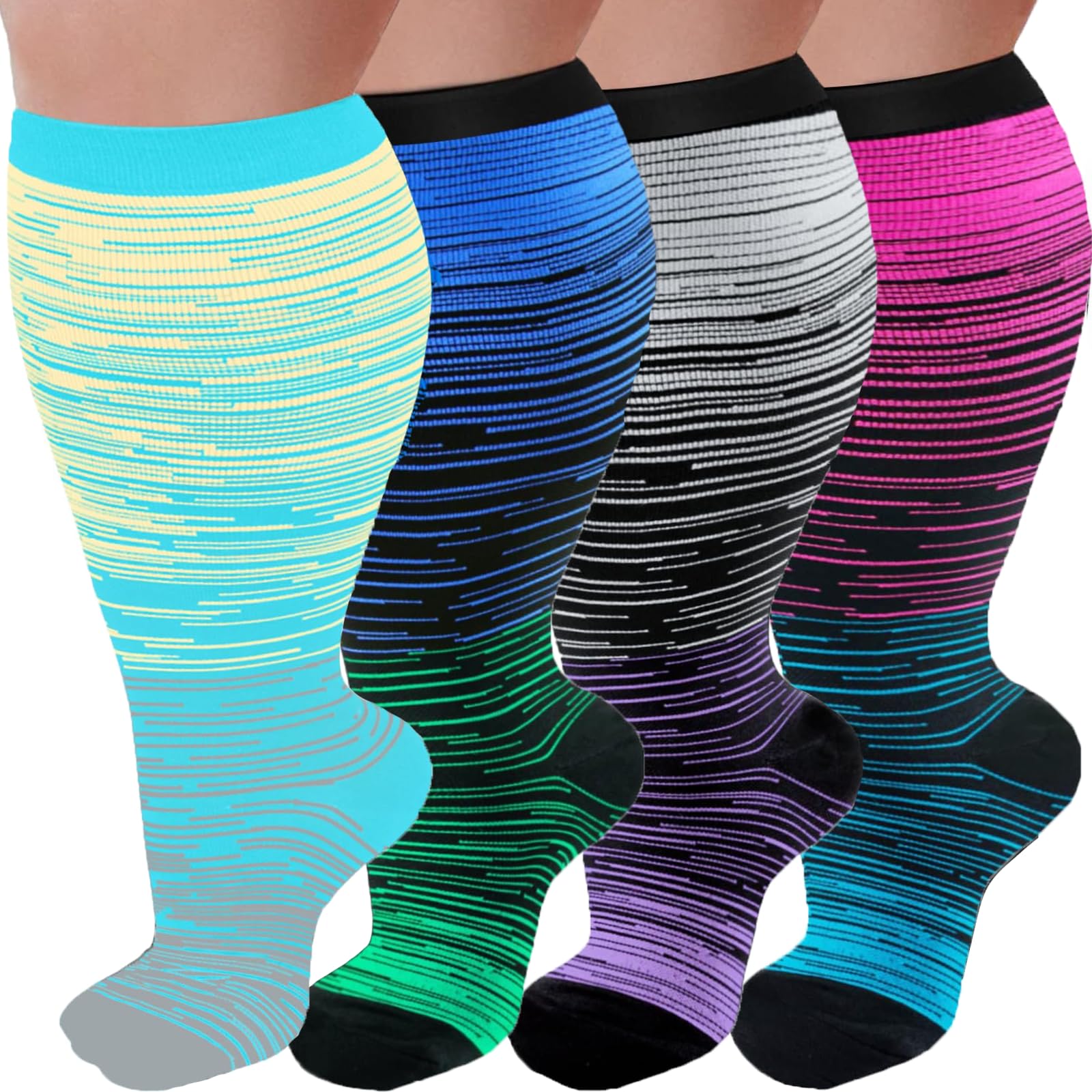 Photo 1 of 4 Pairs Plus Size Compression Socks for Women and Men 20-30 mmHg, Wide Calf Stockings Best Support for Circulation, Running