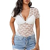 Avidlove Lace Tops Womens Short Sleeve V Neck Sexy See Through Tee Shirts Y2K Mesh Top Party Club Night Blouse S-XXL