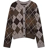 CUFEZN Women 2025 Fall Cropped Cardigan Sweater Long Sleeve Plaid Chunky Knit Cardigan Button Down Winter Fashion Clothes Brown Medium