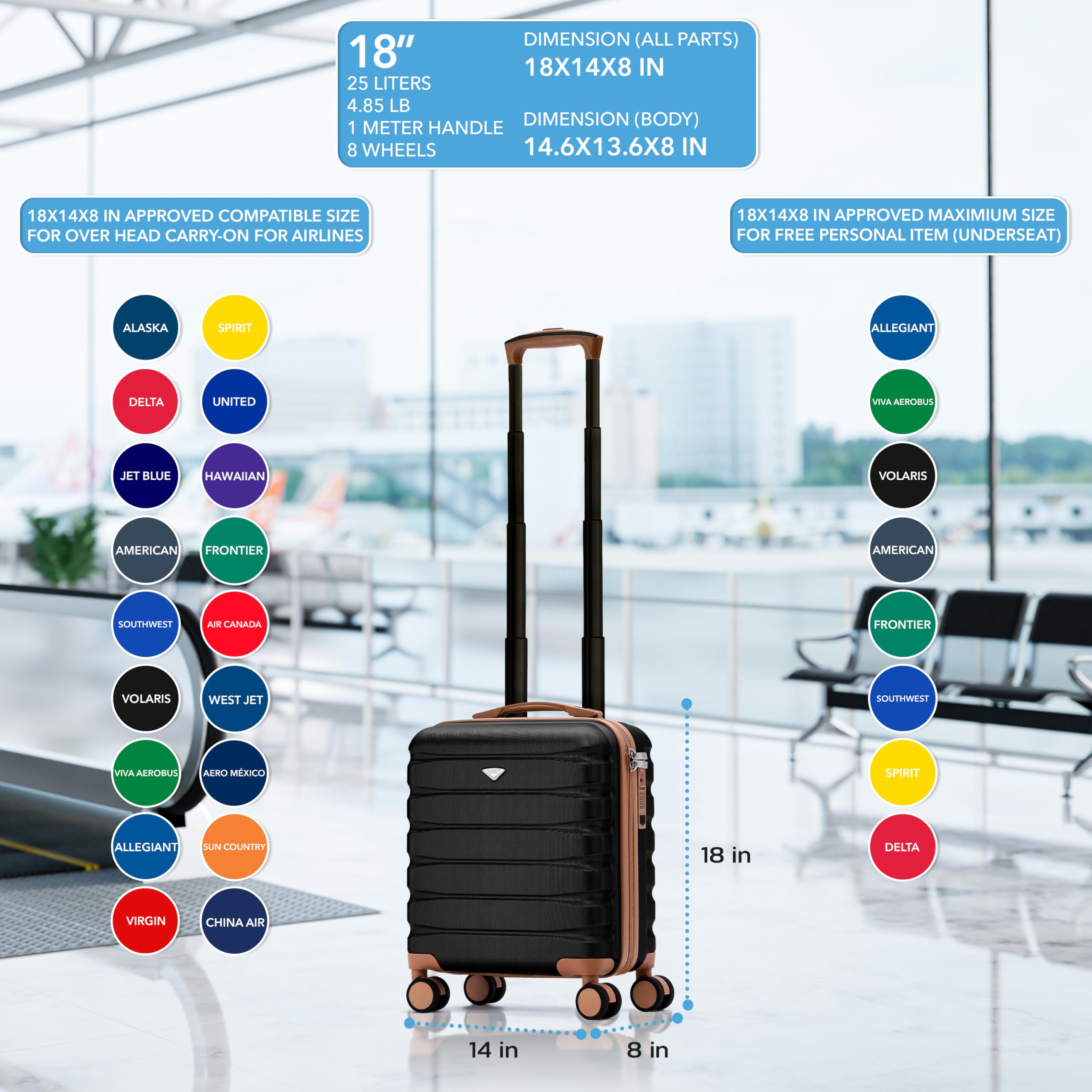 Carry On Suitcase Hardside Built In TSA Lock & USB Port Silent Double Spinner Wheels Maximum Underseat Carry-On Bag For American & United Approved Airlines( 18x14x8