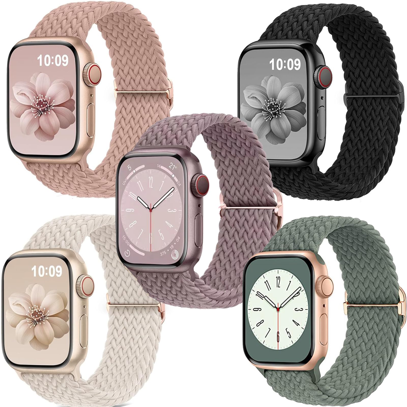 URCHUZE 5 Pack Braided Solo Loop Compatible with Apple Watch Straps 40mm 38mm 41mm for Women Men, Adjustable Nylon Stretchy Elastic Sport Replacement Band for iWatch SE Series 9 8 7 6 5 4 3 2 1 Ultra