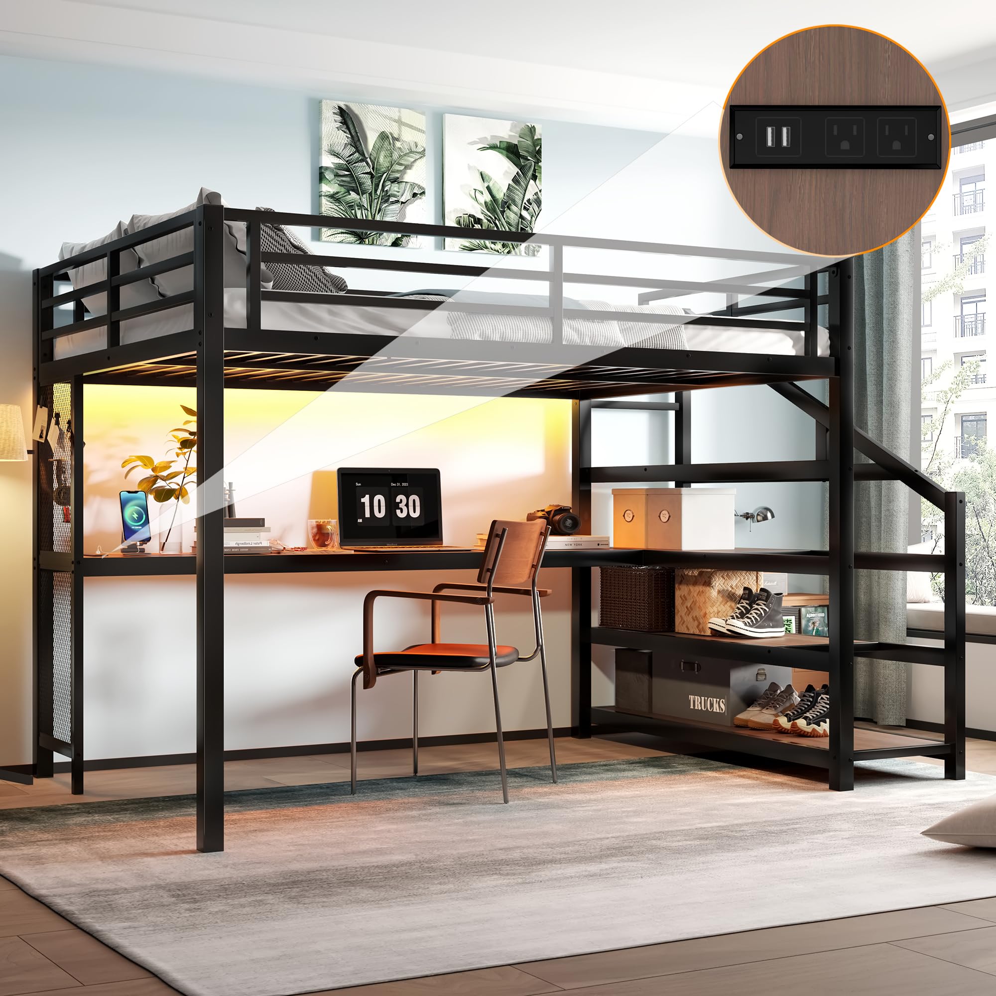 Photo 1 of ***PARTS ONLY***Bellemave Queen Loft Bed with Desk & Storage Stairs, Metal Queen Size Loft Bed Frame with Iron Nets, LED Lights & USB Ports, Heavy Duty Adult LoftBed for Bedroom, Noise-Free, Black
