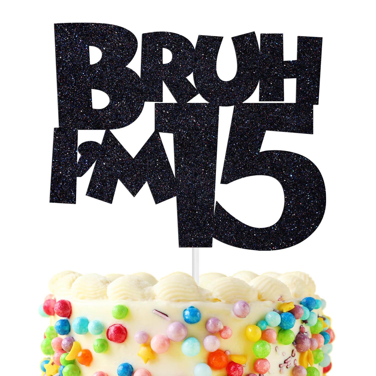 Photo 1 of Hequoyer Bruh I'm 15 Cake Topper, It's My Birthday Bro, Cheers to 15 Years for Big Brother, Happy 15th Birthday Party Decorations Supplies for Boys Girls, Black Glitter