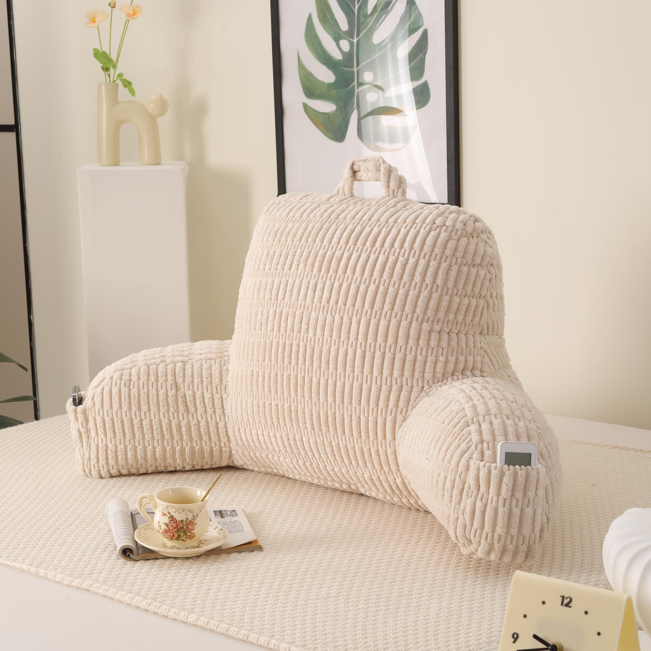 PAJEO Reading Pillow for Sitting in Bed,Large Backrest Reading Pillow with Arm Rest,Back-Rest Support Cushion for Sit Up on Couch,Sofa,Floor,Dorm Essentials(Cream Corduroy,Large(19"))