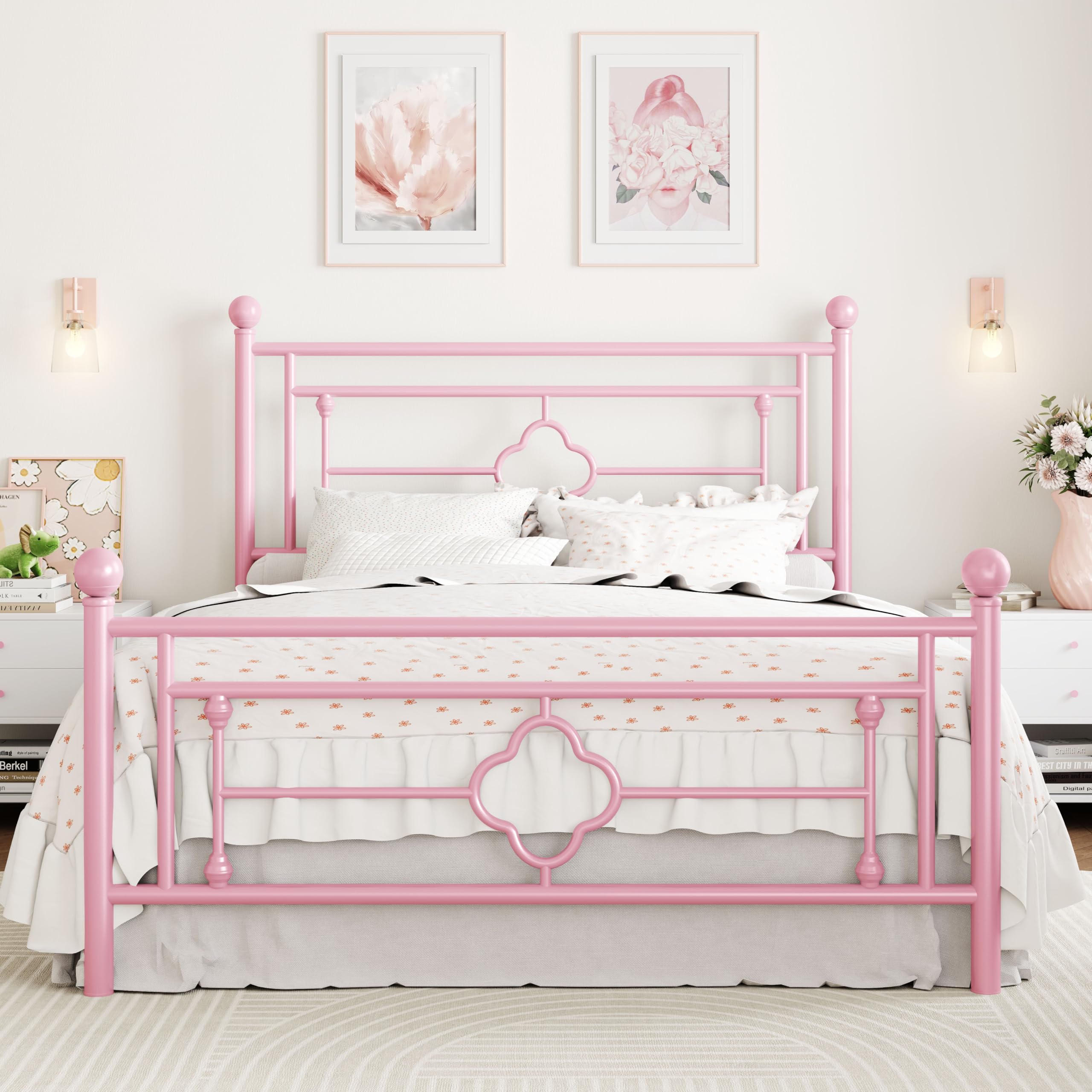 SHA CERLIN 14 Inches Queen Size Metal Platform Bed Frame/Vintage Iron-Art Headboard and Footboard/Mattress Foundation for Storage/No Box Spring Needed/Noise-Free/Easy Assembly/Pink Image