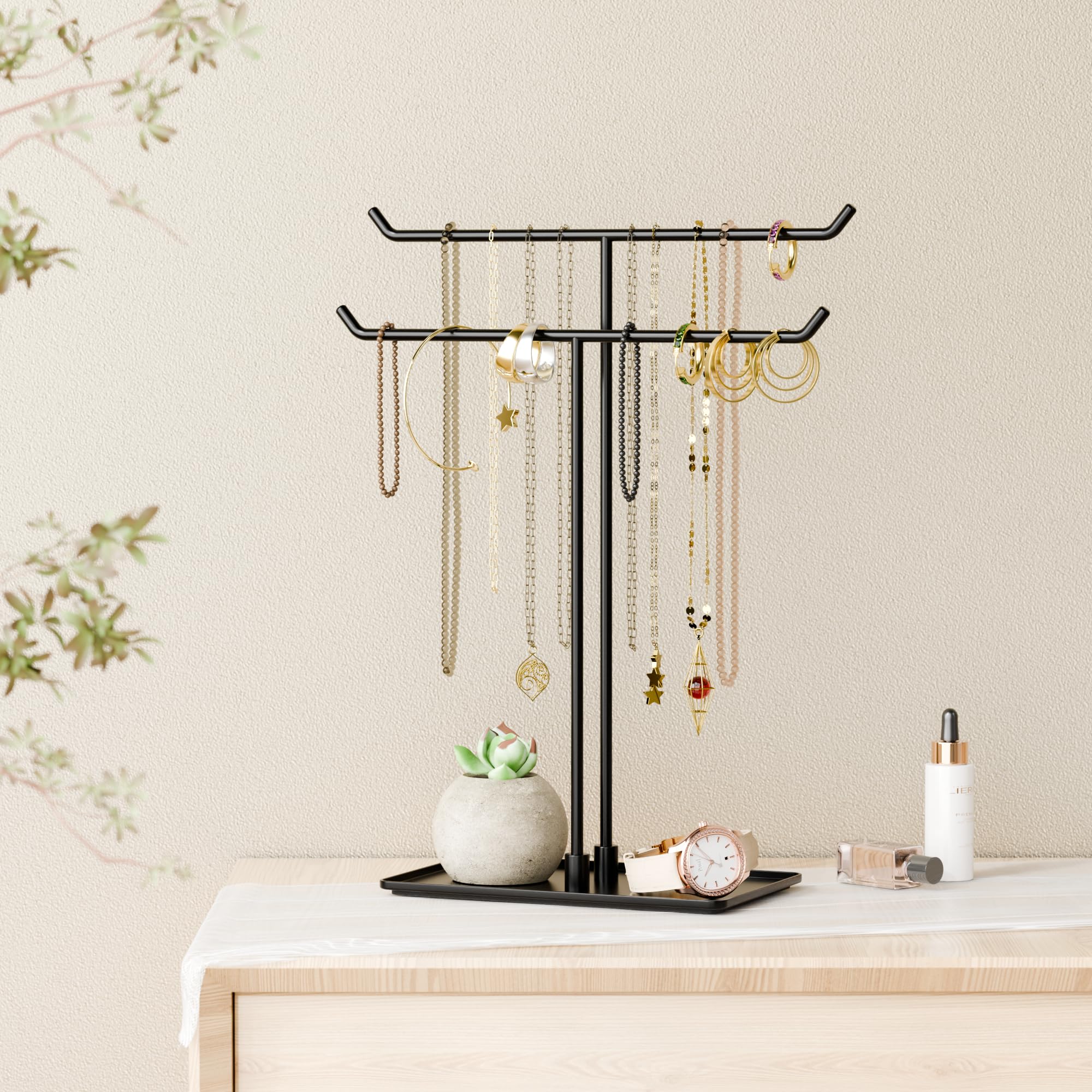 Bussdis Necklace Stand: Black Metal Necklace Organizer for Home Decor