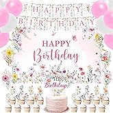 Rngmsi Flower Birthday Decorations Set - 42PCS Wildflower Floral Birthday Decor Party Supplies for Girls Women Happy Birthday Banners Balloons Backdrop Hanging Swirls Cake Topper Cupcake Toppers