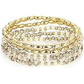 RISHEGAE Gold Beaded Bracelets for Women Stack Boho Colorful Glass Bead Bracelet Set Elastic Adjustable Bracelets Stackable Trendy Jewelry Gifts for Women