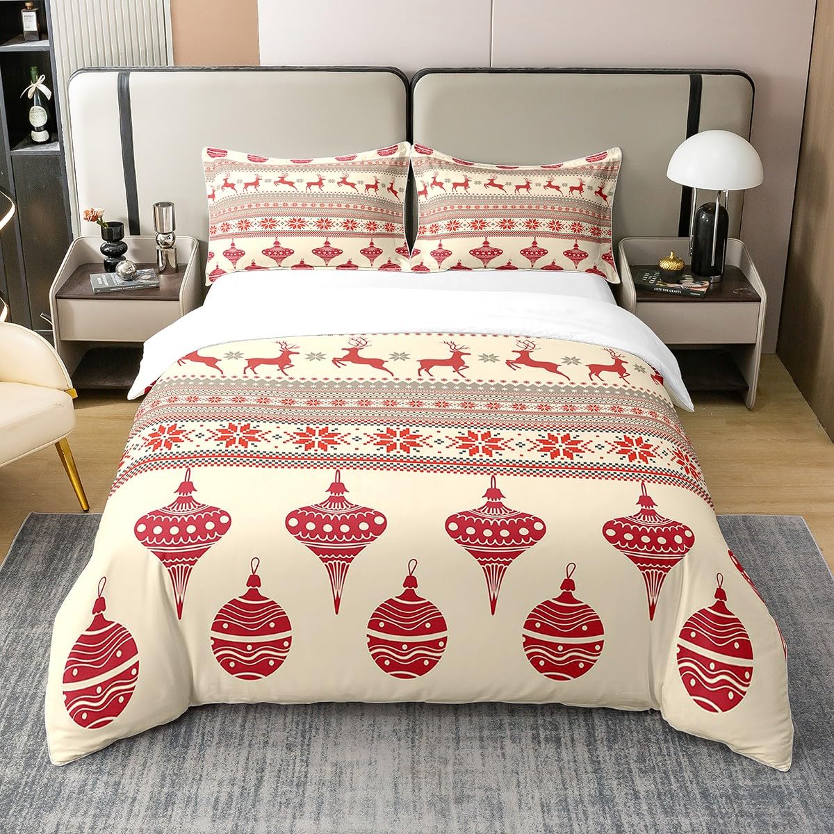 Merry Christmas 100% Cotton Duvet Cover Single, Bohemian Deer Animal Bedding Set for Kids Girls Boys, Xmas Snowflake Lantern Comforter Cover, Elk Reindeer Festival Quilt Cover with Zipper, Red White