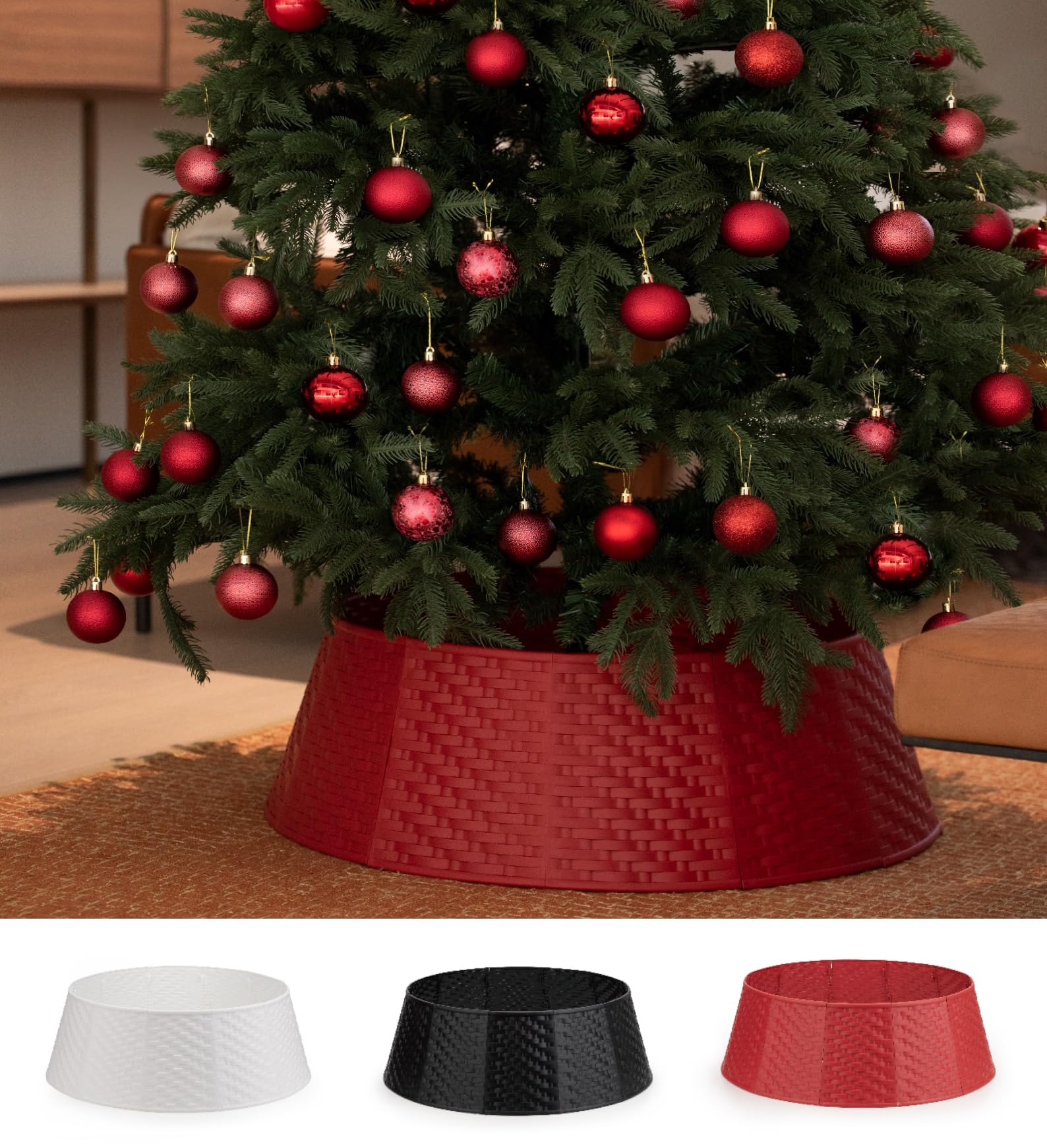 Round Christmas Tree Skirt - Sturdy & Durable Christmas Tree Collar - 9.1" H 22.8" Top & 28" Base Diameter Woven Design Xmas Tree Skirt - 12 Pieces Plastic Ring for Artificial or Real Trees - Red — image 1