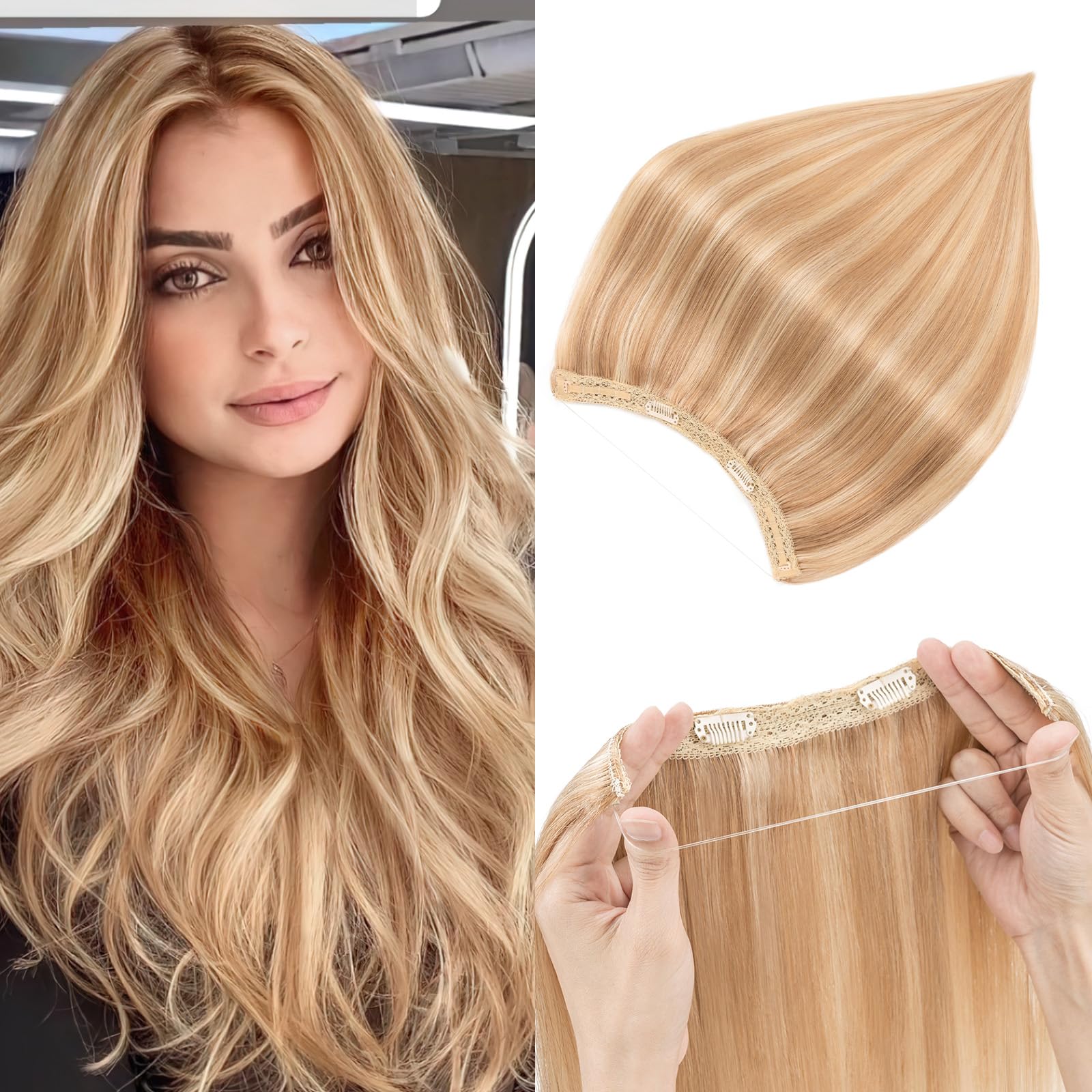Photo 1 of Halo Hair Extensions Real Human Hair,Prokyvity Halo Hair Extension 100% Human Hair,Thicker Human Hair Halo Extensions,12P613 Golden Brown Mixed Bleach Blonde 12inch/65g