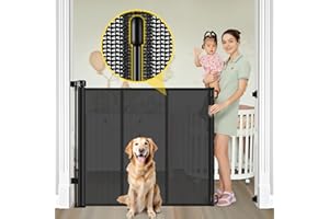 BINGGUZ Reinforced 42” Extra Tall Retractable Baby Gates with Rods, Extends up to 60” Wide, Tall Retractable Dog Gate for Doorways Prevent Crawling Through Mesh Pet Gate Indoor Outdoor, Black
