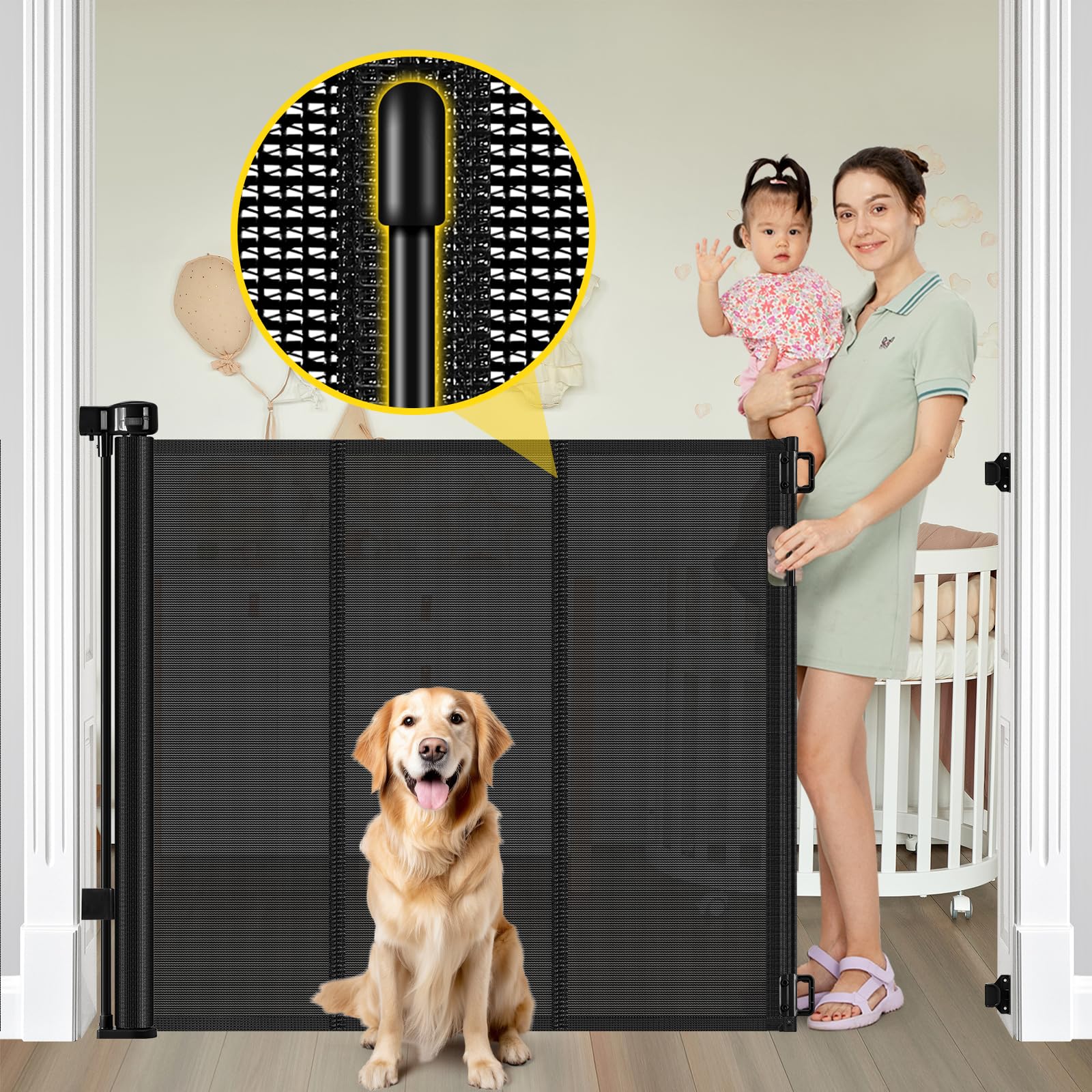 Photo 1 of Reinforced 42” Extra Tall Retractable Baby Gates with Rods, Extends up to 60” Wide, Tall Retractable Dog Gate for Doorways Prevent Crawling Through Mesh Pet Gate Indoor Outdoor, Black