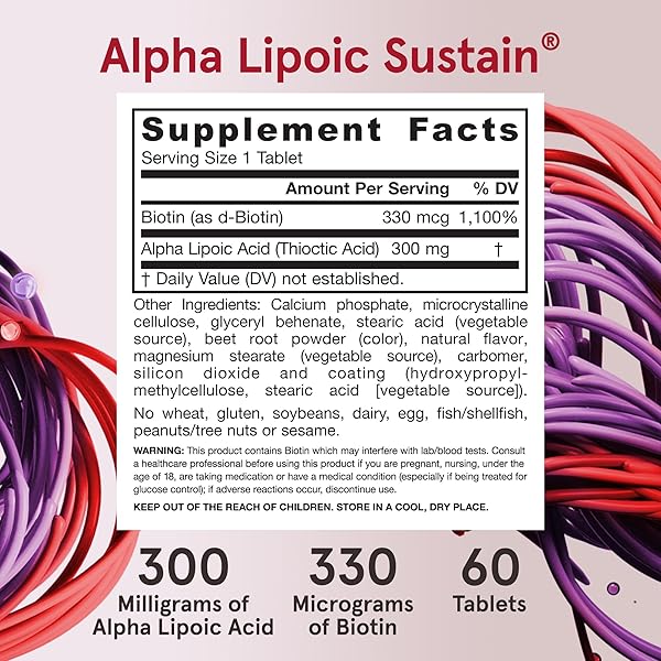 JARROW FORMULAS® ALPHA LIPOIC SUSTAIN WITH BIOTIN, 300 MG ALPHA LIPOIC ACID, UNIVERSAL ANTIOXIDANT, DIETARY SUPPLEMENT, 60 VEGAN TABLETS, UP TO A 60 DAY SUPPLY