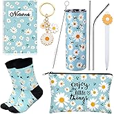 Panitay 6 Pcs Christmas Daisy Gifts Set for Women Daisy Flower Themed Stainless Steel Tumbler 20 Ounce with Straw and Brush Socks Cosmetic Bag Notebook Pen Keychain Party for Women Birthday Supplies