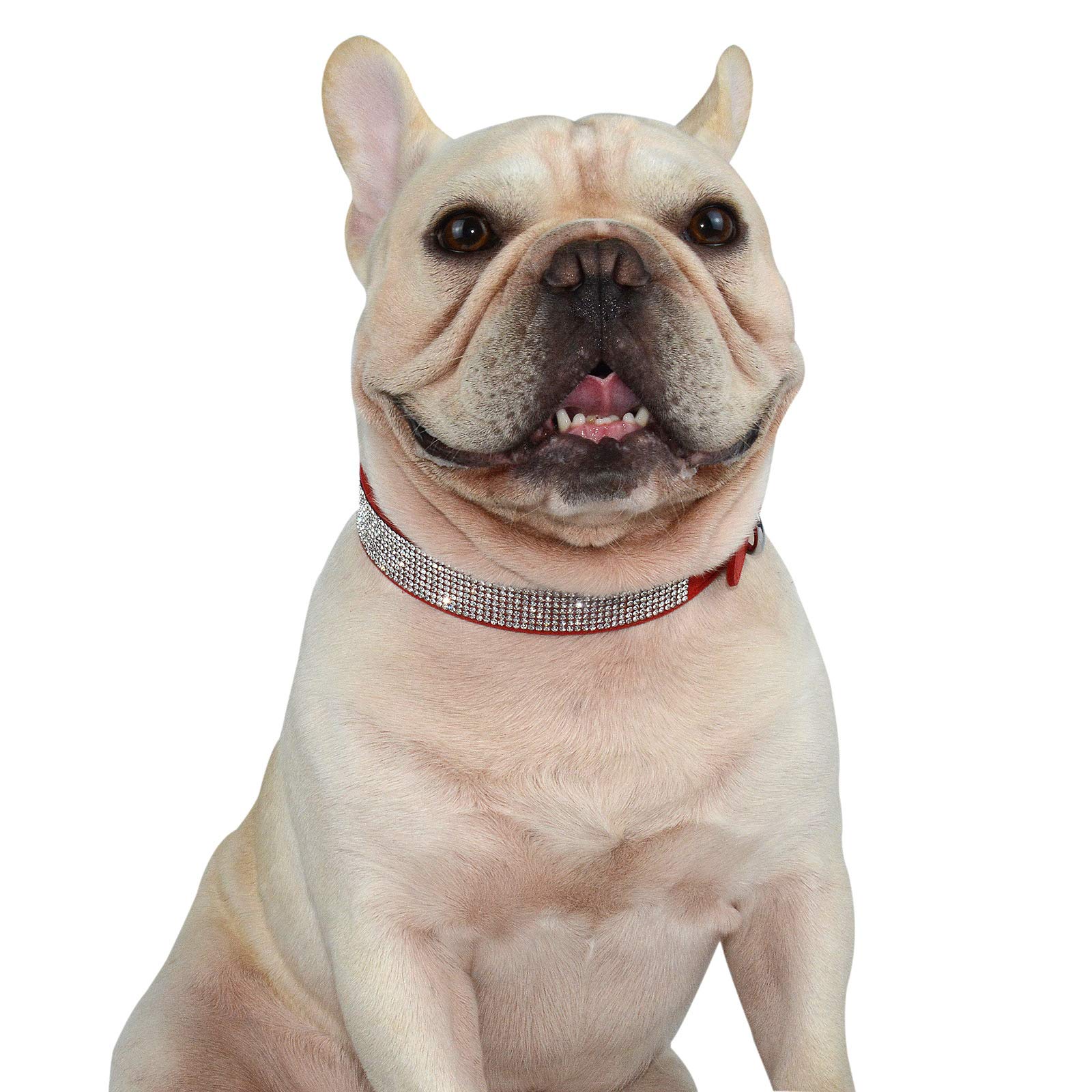 Hifrenchies Crystal Rhinestones Sparkling Diamonds Soft Suede Leather Dog Pet Collars for Frenchie,Cute Dazzling Shining Collar for Cat Puppy and Other Small Medium Dog(S,RED)