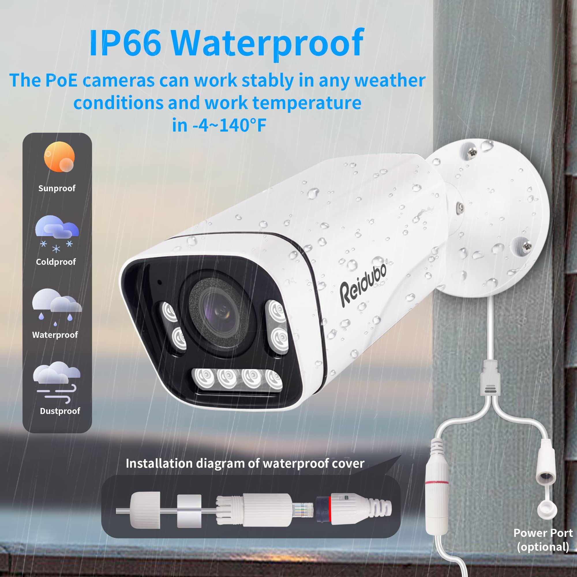 Reidubo 4K PoE Outdoor Security Cameras,8MP HD Bullet IP Security Camera@20fps, Two Way Talk, 98ft IR Color Night Vision,80° FOV, 3.6mm Lens, IP66 Waterproof, Motion Detection, Support SD Card