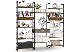 NUMENN Triple Wide 5 Tier Bookshelf, Adjustable Rustic Industrial Style Book Shelves, Modern Bookcases and Bookshelves Furniture for Bedroom, Living Room and Home Office, Vintage Brown