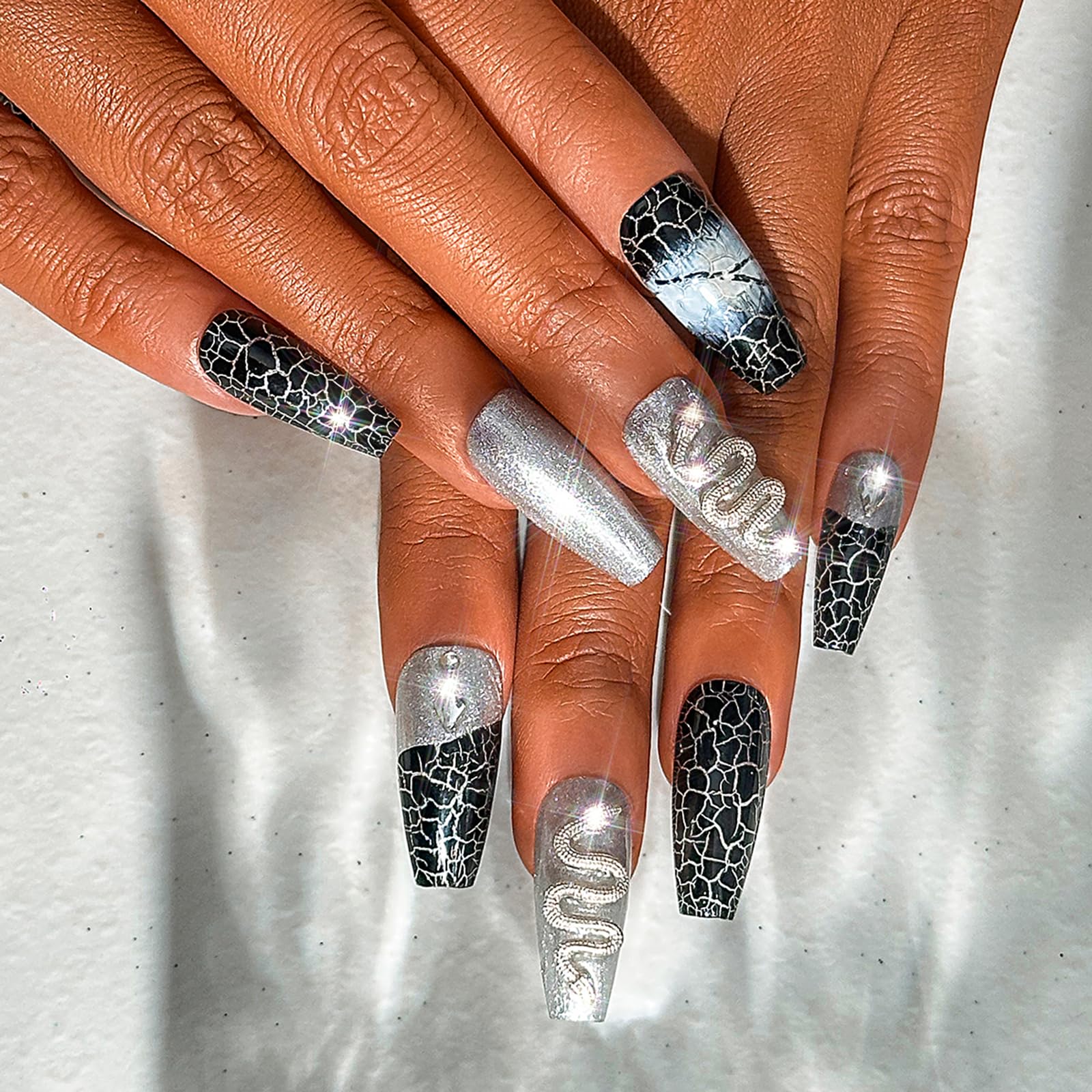 Sethexy Punk Long Coffin False Nails Handmade Rhinestone Glossy Press On Nails 3D Snake Crystal Fake Nails Acrylic Salon Quality Nail Art Removable for Women and Girls(X)