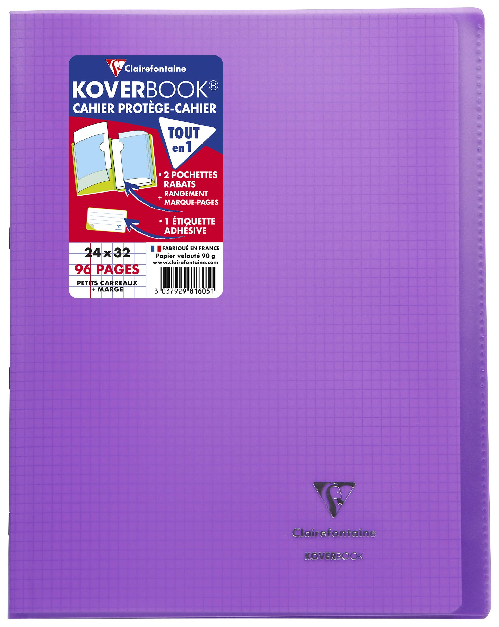 Clairefontaine 981605C - One Purple Koverbook Stapled Notebook - Dimensions: 24x32 cm - 96 Small Square Pages with Margin - 90 g White Paper - Polypro Cover