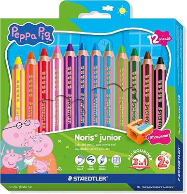 Noris junior matite colorate Peppa Pig set da 12 – matite 3 in 1 pastello a cera e acquerellabile per diverse superfici – mine extra morbide per colori intensi