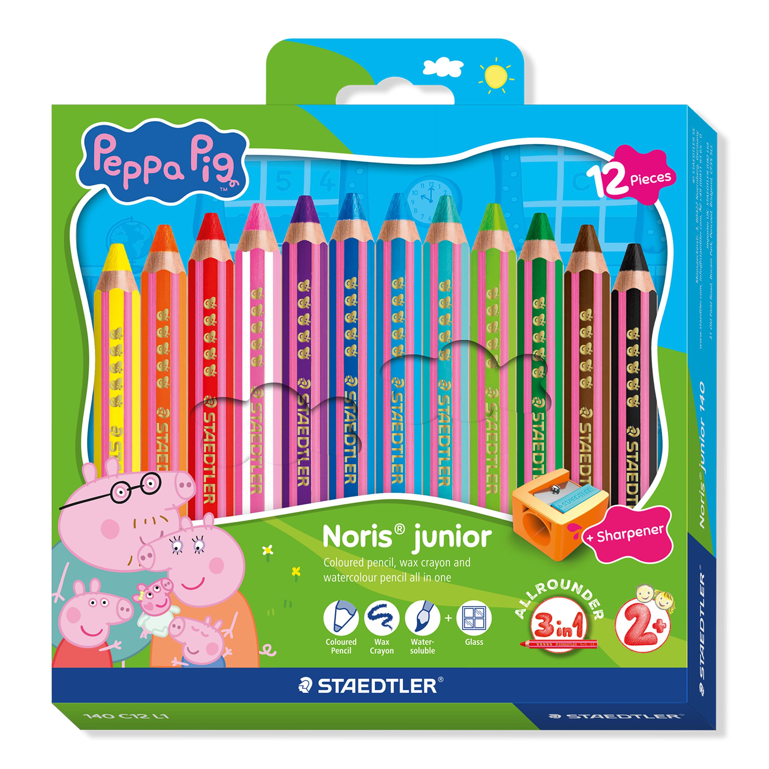 STAEDTLER Noris junior Buntstifte Peppa Wutz 12er Set - 3 in 1 Wachsmal-Aquarellstifte für vielseitige Untergründe - Extra weiche Farbminen für intensive Farben - Ergonomische Kinderstifte